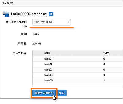 復元するバックアップデータの選択