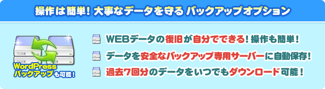 操作は簡単！大事なデータを守るバックアップオプション。WordPressのバックアップも可能。WEBデータの復旧ができ、操作も簡単！データを安全なbackup専用サーバーに自動保存！過去７回分のデータをいつでもダウンロード可能！